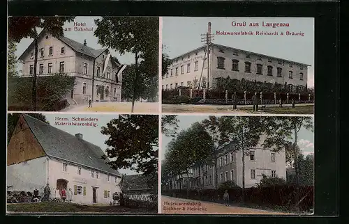 AK Langenau, Hotel am Bahnhof, Holzwarenfabrik Eichner und Heinicke