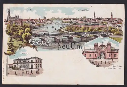 Lithographie Neu-Ulm, Bahnhof, Portal der Friedens-Kaserne