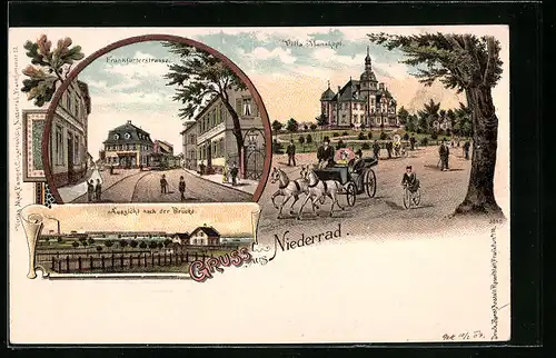 Lithographie Niederrad, Frankfurterstrasse, Villa Maskopf, Aussicht nach der Brücke