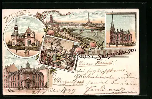 Lithographie Sachsenhausen, Totalansicht mit Ruderhaus, Dreikönigskirche und Postamt