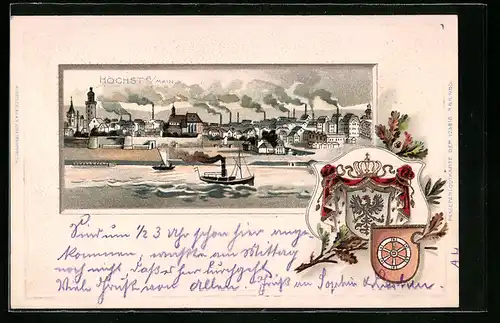 Passepartout-Lithographie Höchst a. M., Ortsansicht mit Wappen