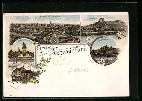 Lithographie Schweinfurt, Totalansicht mit Schloss Meinberg