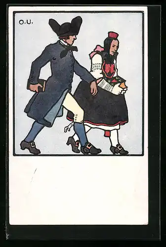 Künstler-AK Otto Ubbelohde: Gutbürgerliches Paar in hessischen Trachten