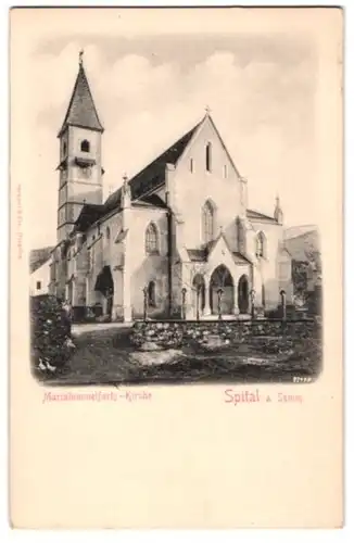 Relief-AK Spital a. Semm., Mariahimmelfahrts-Kirche mit Friedhof