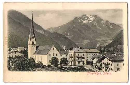 Relief-AK Mayrhofen /Zillertal, Ortspartie mit Pfarrkirche und Friedhof