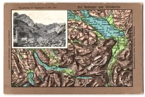 Relief-AK Meglisalp, Landkarte mit Gebirgsrelief vom Bodensee und Zürichersee