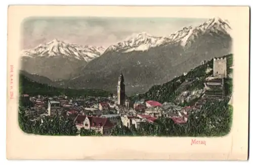Relief-AK Meran, Totalansicht mit Gebirgspanorama