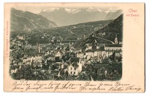 Relief-AK Chur, Gesamtansicht mit Falknis, Vergoldete Konturen