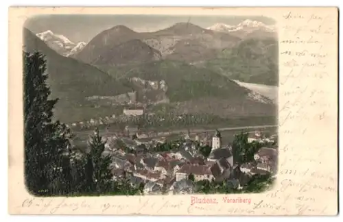 Relief-AK Bludenz, Gesamtansicht mit Montigel und Scesaplana