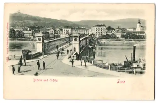 Relief-AK Linz, Brücke und Urfahr