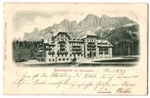 Relief-AK Karersee, Karerseehotel mit Rosengarten