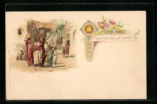 Lithographie Kairo, Strassenszene mit Esel und Wasserträgerin, Ornamente