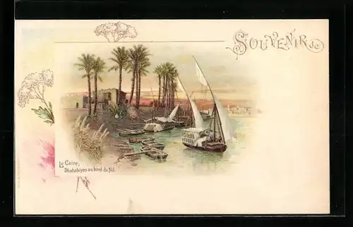 Lithographie Le Caire, Dhahabiyes au bord du Nil