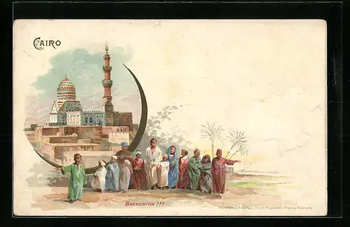 Lithographie Kairo, Moschee, Kinder wollen Bakschisch