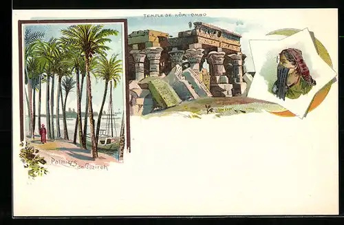 Lithographie Caire, Palmiers de Gezireh, Temple de Kom-Ombo