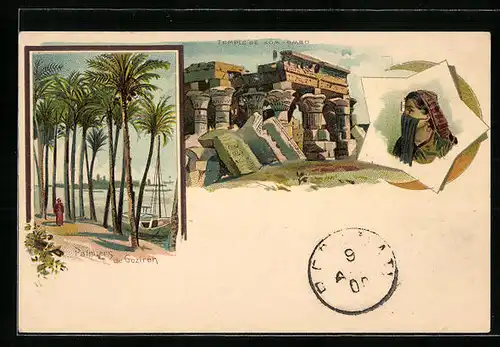 Lithographie Caire, Palmiers de Gezireh, Temple de Kom-Ombo