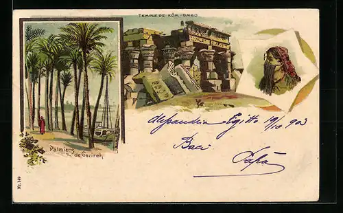 Lithographie Caire, Palmiers de Gezireh, Temple de Kom-Ombo