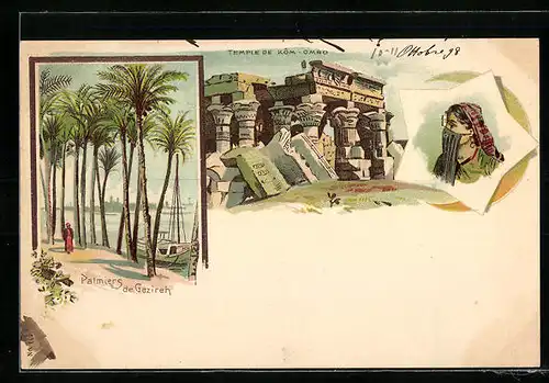 Lithographie Caire, Palmiers de Gezireh, Temple de Kom-Ombo