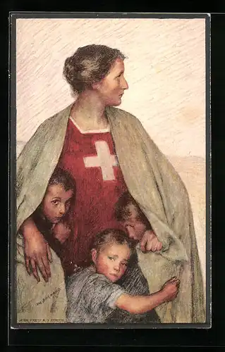 AK Schweizer Bundesfeier 1917, Helvetia mit ihren Kindern, Ganzsache
