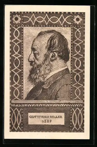 AK Schweizer Bundesfeier 1919, Porträt von Gottfried Keller 1889, Ganzsache
