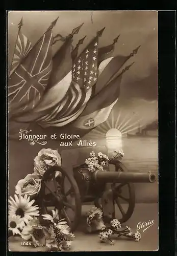 AK Honneur et gloire aux Allies, Flaggen und Kanone mit Blumen
