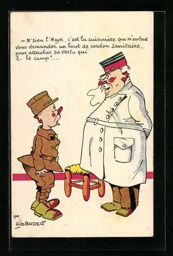 Künstler-AK Kecker Soldat beim Arzt, Karikatur