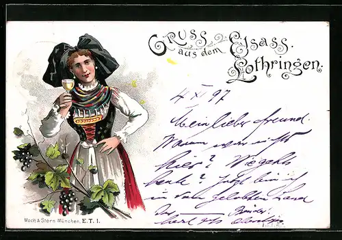 Lithographie Frau in elsässer Tracht mit Weinglas