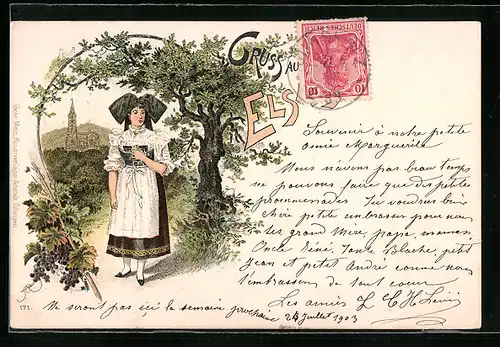 Lithographie Hübsche Elsässerin in Tracht