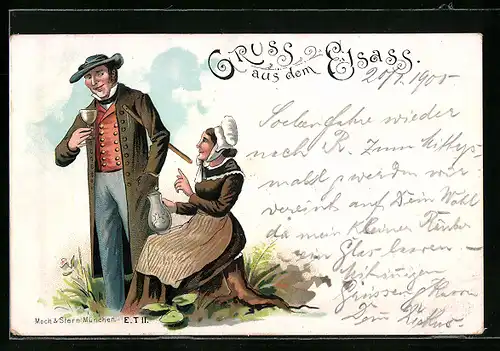 Lithographie Paar aus dem Elsass beim Wein