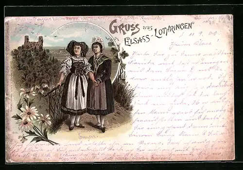 Lithographie Zwei Mädchen in trachten aus dem Elsass und aus Lothringen