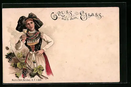 Lithographie Mädchen in Elsässer Tracht beim Wein trinken
