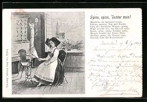 Künstler-AK Elsässerin in Tracht am Spinnrad