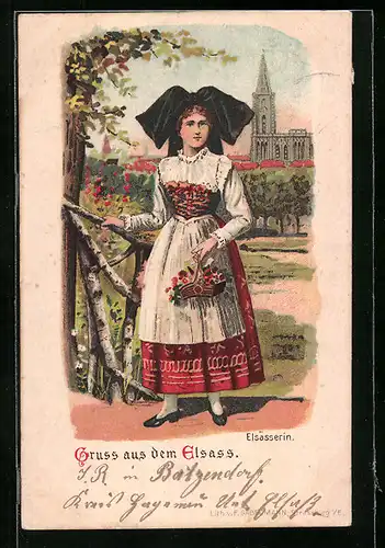 Künstler-AK Elsässerin in Tracht mit einem Blumenkorb