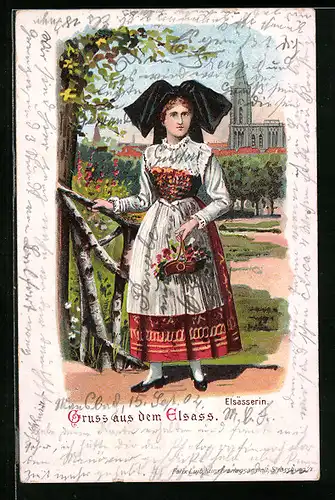 Lithographie Junge Frau in elsässer Tracht mit einem Blumenkorb