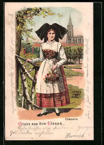 Lithographie Elsässerin mit Blumenkorb
