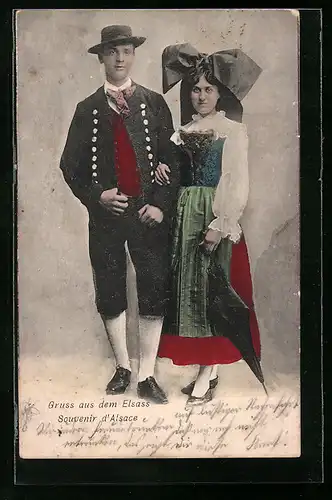 AK Ehepaar in Elsässer Tracht mit Regenschirm