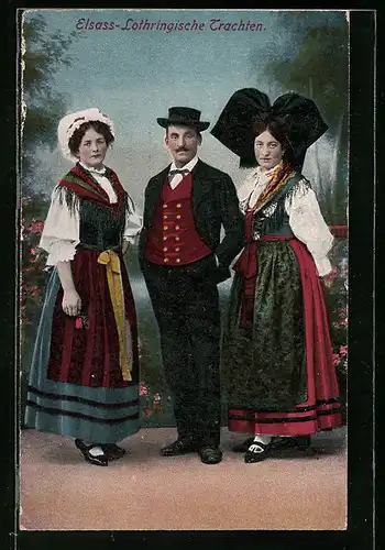 AK Mann und eine Frau in Elsässischer und eine Frau in Lothringischer Tracht