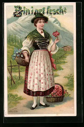 Präge-AK Mädchen in bayerischer Tracht mit Blumenkorb