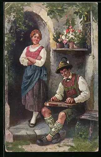 Künstler-AK Bayerisches Paar in Tracht aus dem Loisachtal