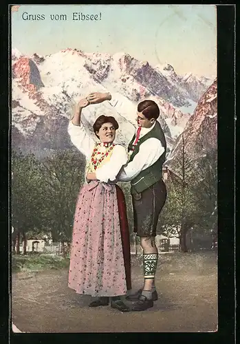 Künstler-AK Paar in bayerischer Tracht beim Tanz