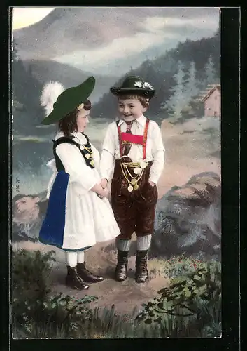 Präge-AK Kinderpaar in Tracht mit Hut