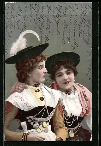 AK zwei bayerische Mädchen im Dirndl