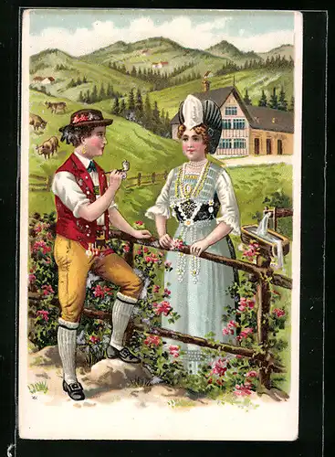 Künstler-AK Bayerisches Paar beim netten Plausch am Gartenzaun