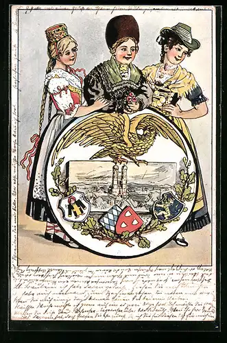 Künstler-AK drei Mädchen im Dirndl