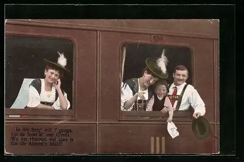AK Bayerische Familie bei einer Zugfahrt
