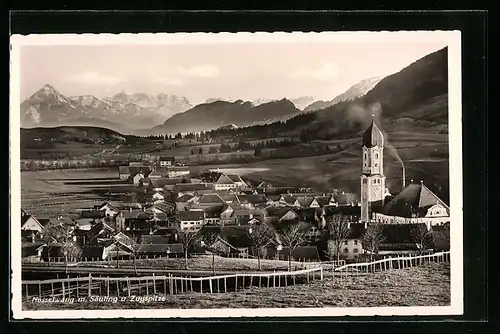 AK Nesselwang, Ortsansicht mit Säuling und Zugspitze