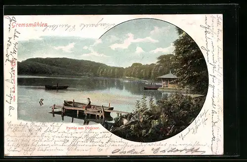 AK Gremsmühlen, Partie am Diecksee mit Booten