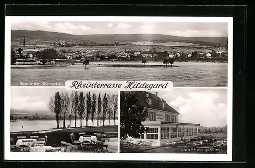 AK Heidesheim-Heidenfahrt, Gasthaus Rheinterrasse Hildegard, Blick in den Rheingau