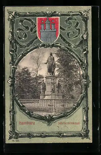 AK Hamburg, Schillerdenkmal mit Wappen