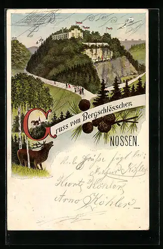 Künstler-AK Nossen, Bergschlösschen mit Hirsch